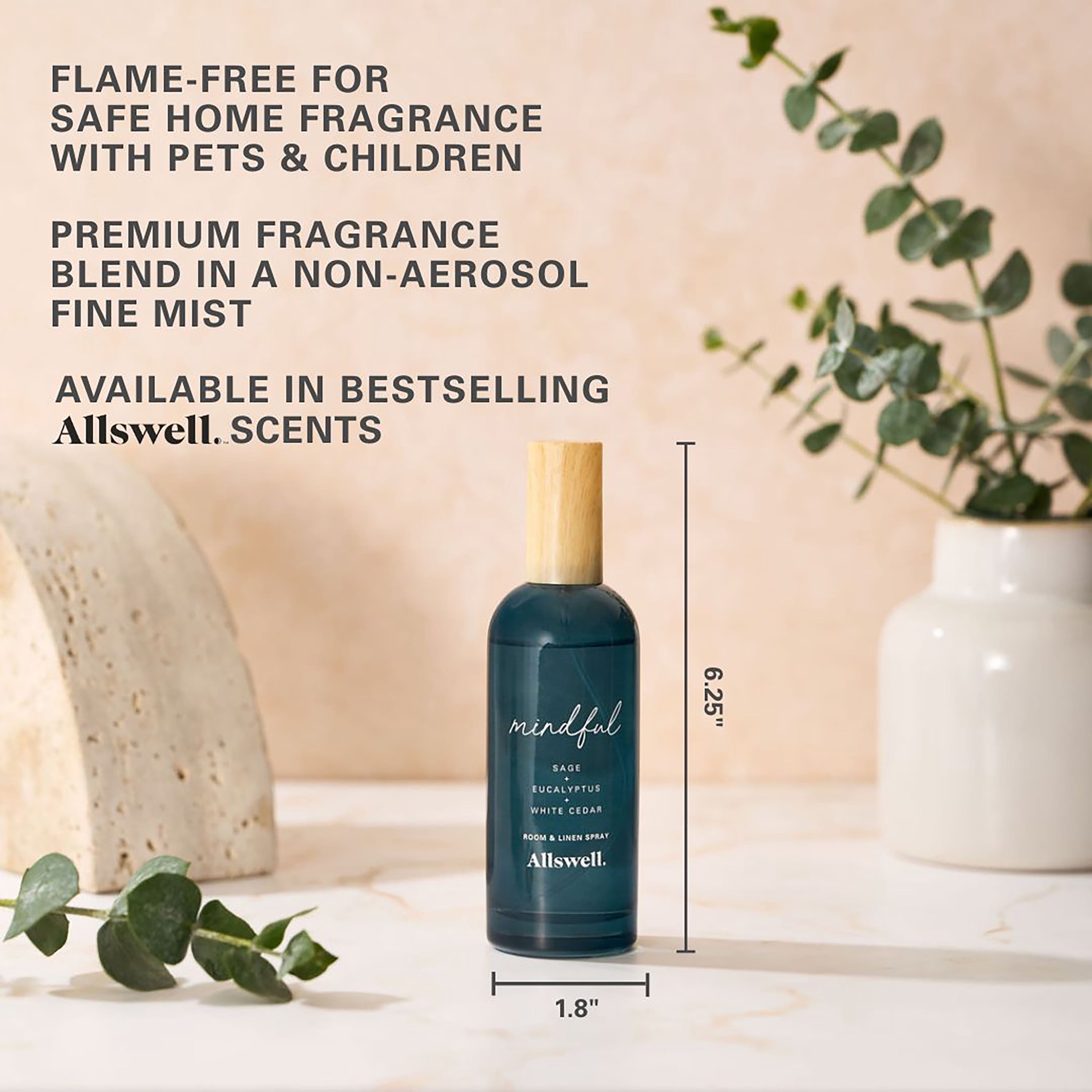 Allswell Mindful (Sage + Eucalyptus + White Cedar) Scented Room and Linen Spray 3.4 Fl Oz (100mL).