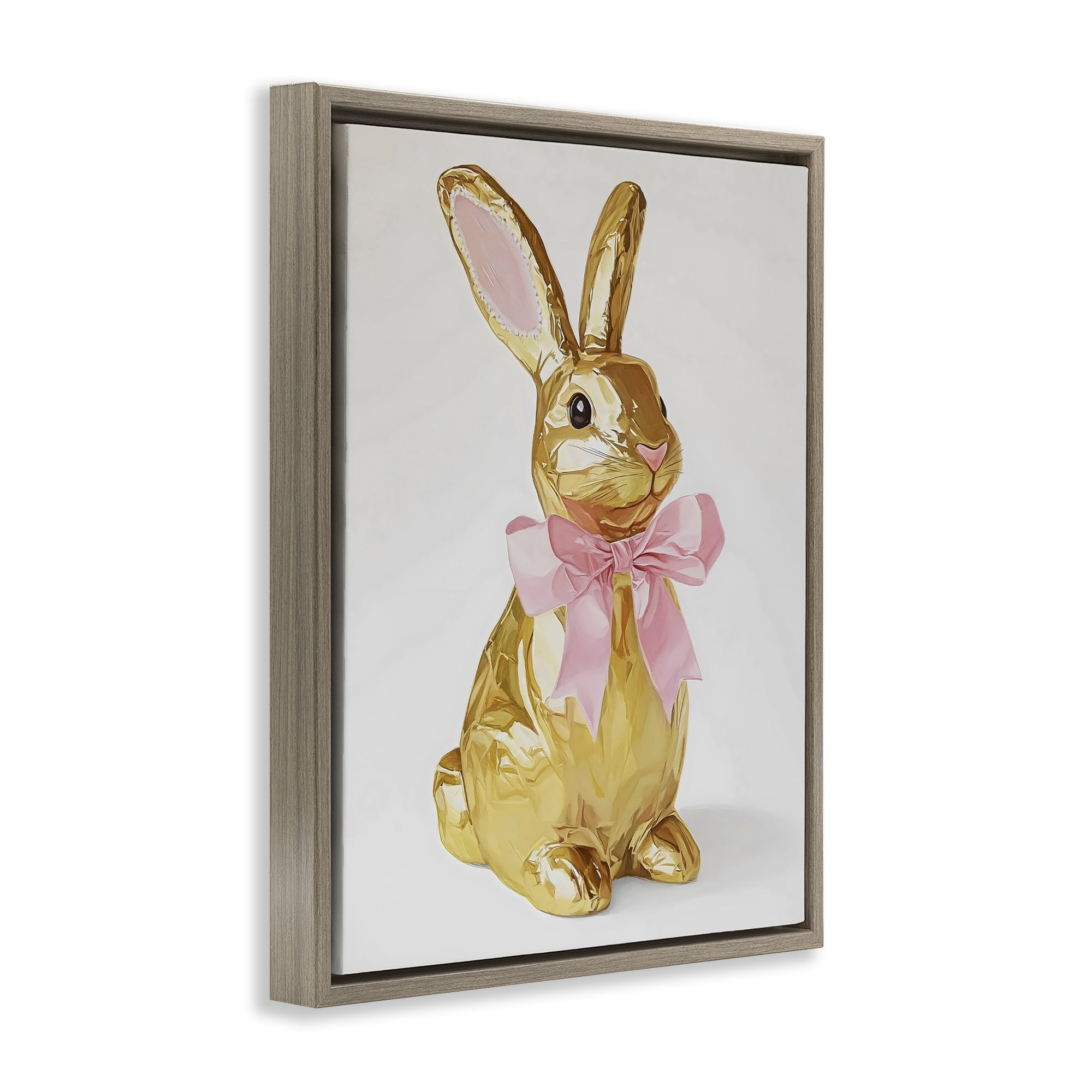 Stupell Industries Golden Easter Bunny with Ribbon Brown Framed Floater Canvas Wall Art, design by The Prints Vibe