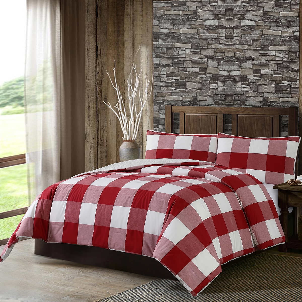 Dearfoams 3piece Yarn Dyed Comforter Set, Red & White Queen