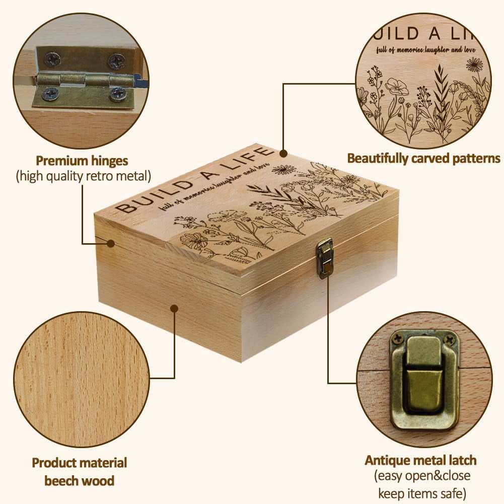 1 Pc Wood Memory Keepsake Box Line Wildflowers Build a Life Memory Box with Hinged Lids Laughter and Love Keepsake Chest for Picture Letter Storage 9.6x7.6x4inch(24.5x19.5x10.3cm)