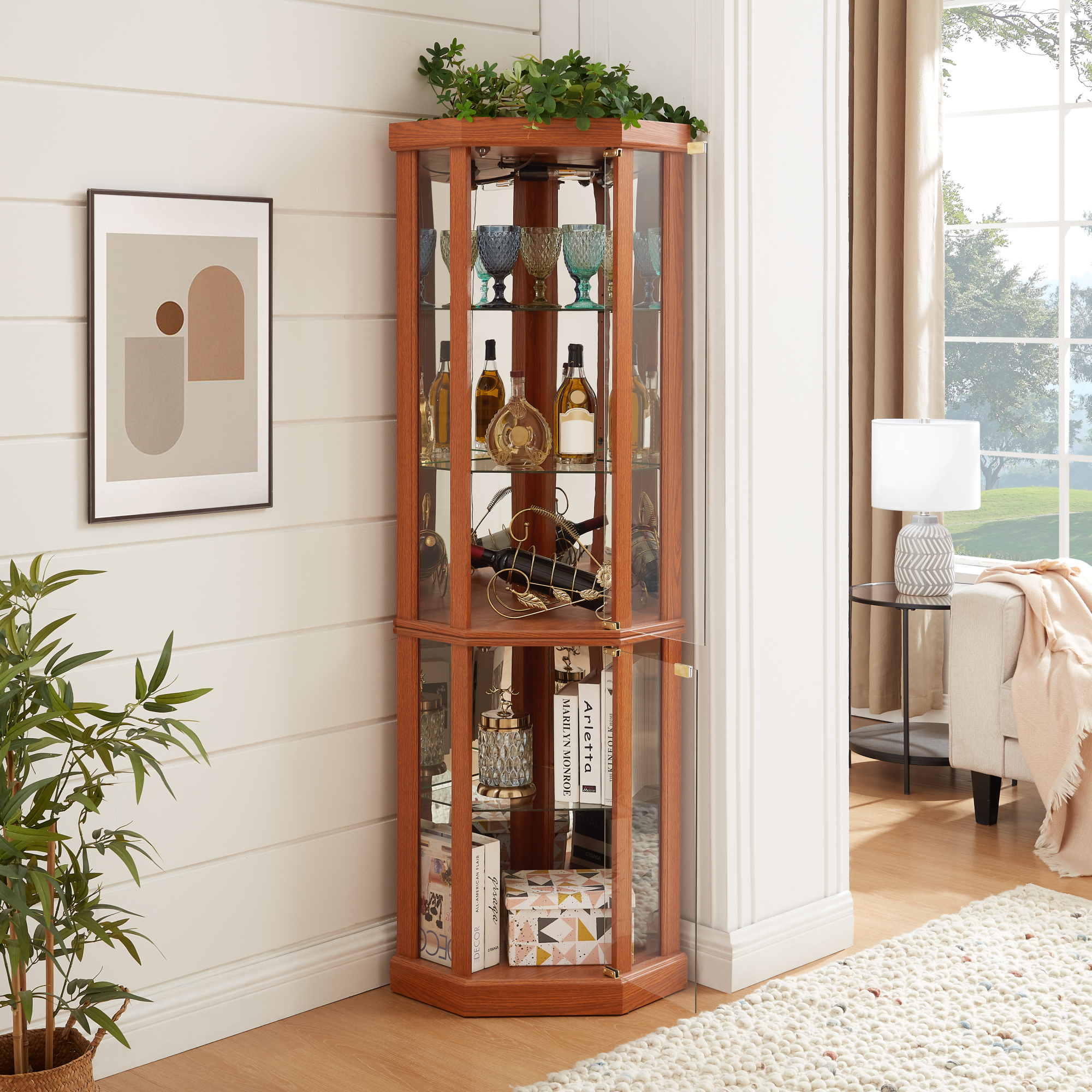 Leumius Corner Lighted Curio Cabinet Corner Glass Cabinet Lighted Curio Cabinet Corner Display Case for Living Room, Curio Cabinet, Antique Collection, Wine Dark Oak