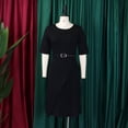 thumbnail image 3 of AURA Womens Pleated Midi Dress High Waist Belted A Line Crewneck Five Sleeve Elegant Summer Work Dress with Zipper, 3 of 10