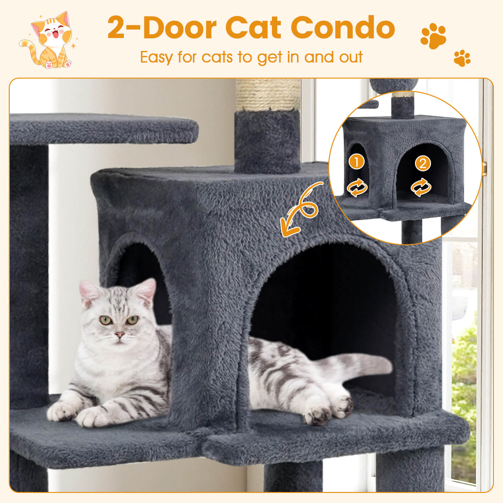 Costway 44” Tall Multi-level Cat Tree with Cushion Top Perch, 2-Entrance Large Cat Condo Dark Gray