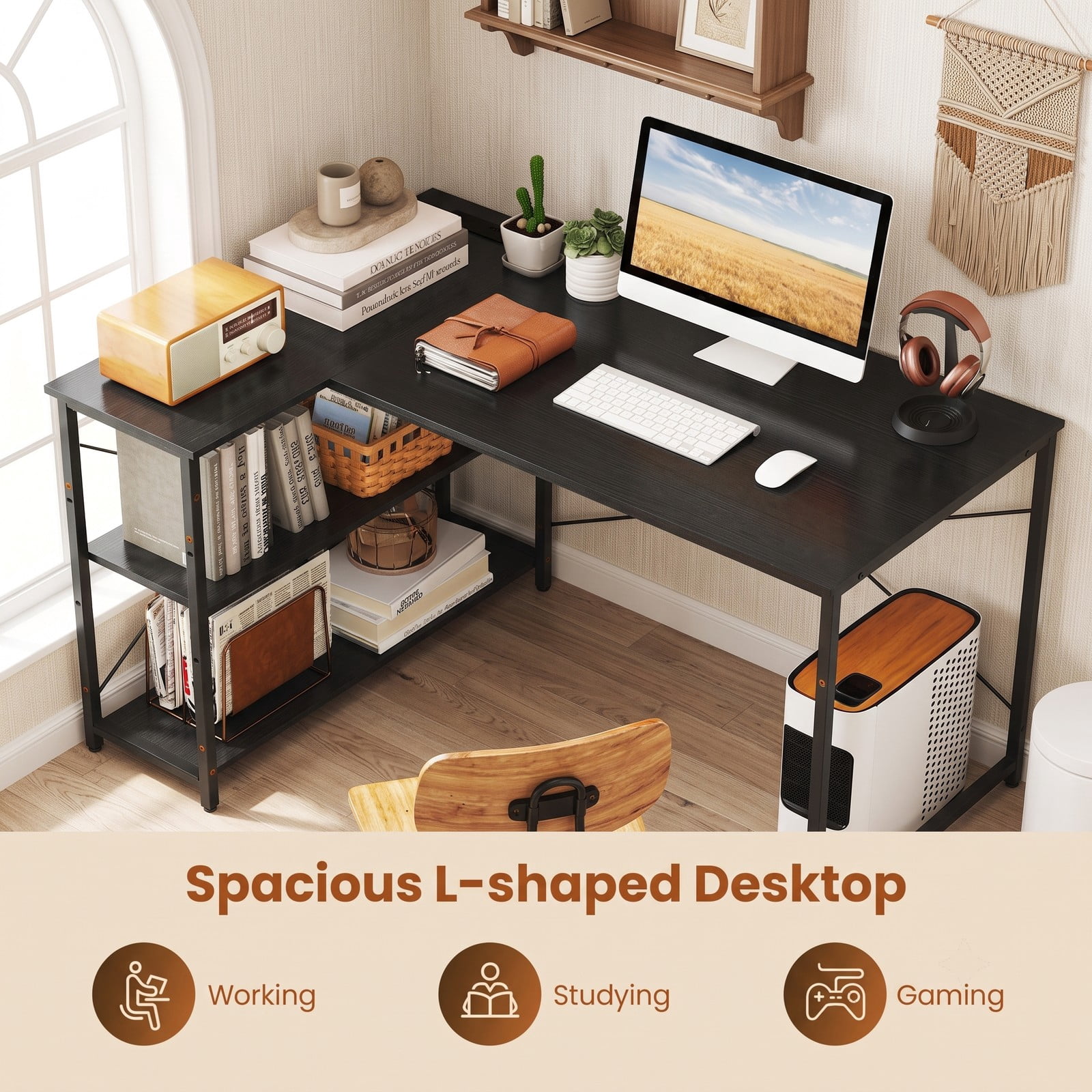 Furnibear L Shaped Desk with Charging Station and Adjustable Shelves, 47 Inch Reversible Corner Computer Desk for Home Office, Black