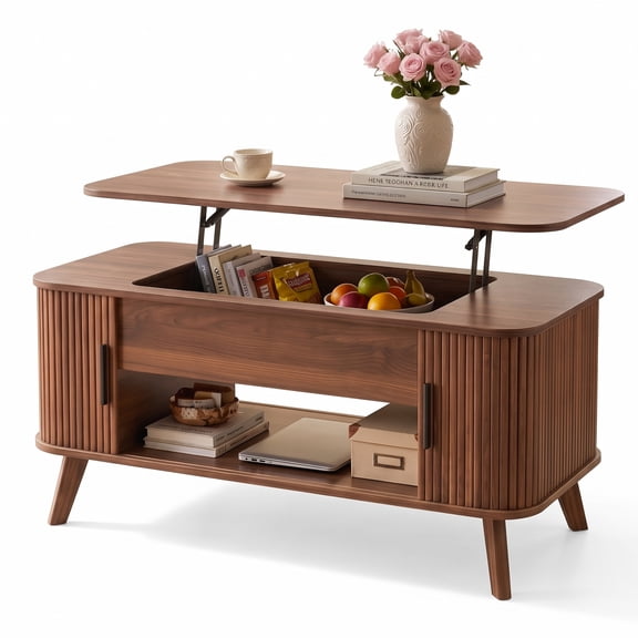 Seetech 39" Rectangular Lift Top Coffee Table with Sliding Door and Hidden Storage, Fluted Wooden Table for Living Room, Home Office, Walnut