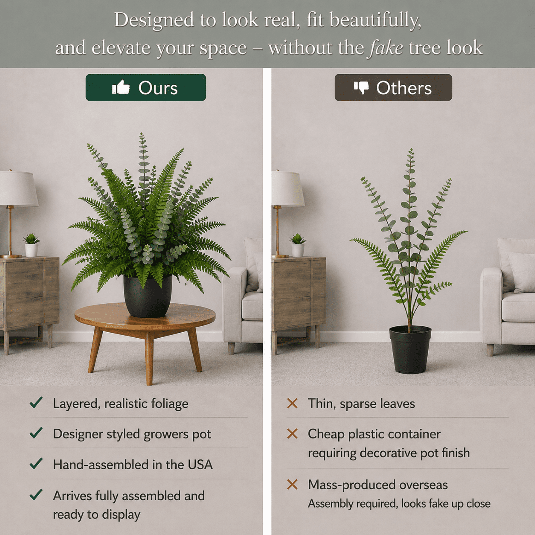 Artificial Plants, 26in Fake Potted Fern and Eucalyptus Mix in Black Drop In Pot by LCG Florals, Indoor Faux Greenery Small Plant for Home Office Bathroon Living Room Tabletop Decor