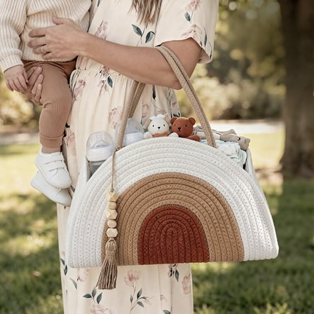 Baby Diaper Caddy Organizer, Caveen Cotton Rope Diaper Caddy Basket with Dividers, Portable Car Organizer for Nursery Essentials, Baby Shower Gifts
