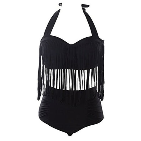 2 Piece Swim Bathing Suit SAYFUT Plus Size Halter Tassel Bikini High Wsist Swim Bottoms Two Pieces Bathing Suit for Women Black/Blue/Red ()