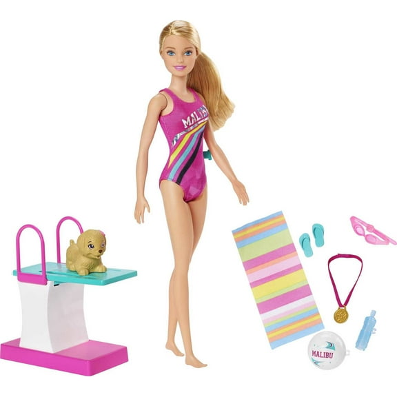 Barbie Dreamhouse Adventures Swim ‘n Dive Doll, 11.5-inch in Swimwear, with Diving Board and Puppy