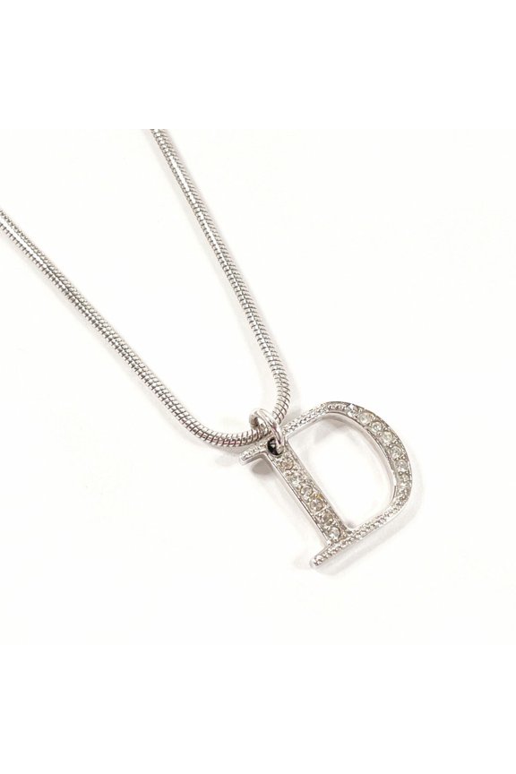Pre-Owned Christian Dior D Necklace, Metal/Rhinestone, Silver, Women's (Good)