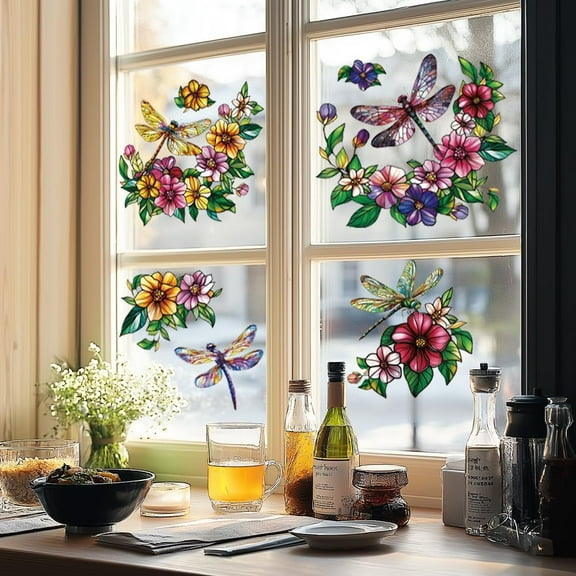 Static Window Clings Dragonfly and Flower 1 Sheet Reusable Window Decals for Glass 47.24" x 11.8" Removable Double Sided Window Sticker for Room Office Home Decoration Plastic