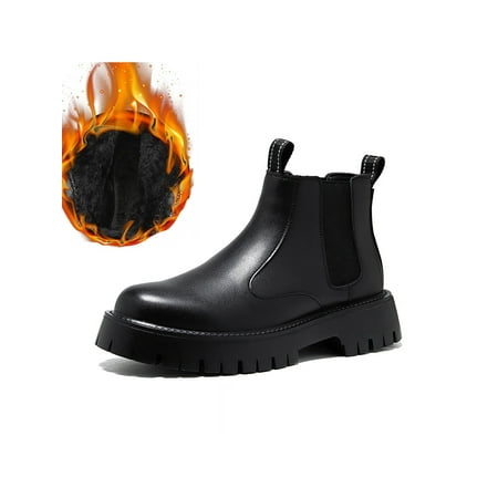 

Tenmix Men Ankle Boots Elastic Booties Waterproof Chelsea Boot Pull On Work Shoes Walking Comfort Anti Slip Dress Bootie Black with Plush 8