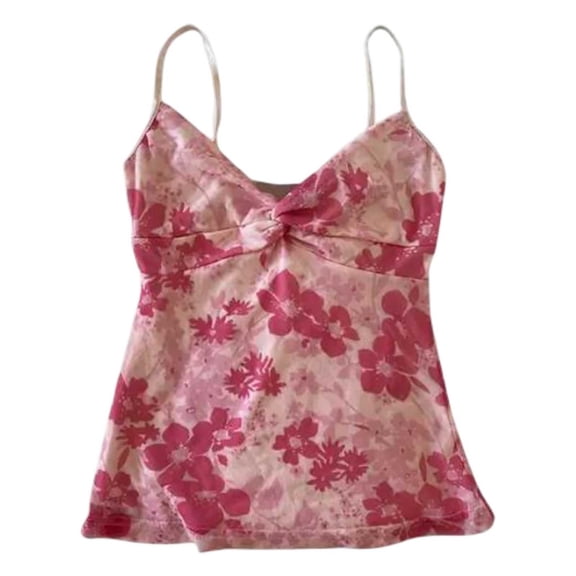 Wang6 Women Spaghetti Strap Cropped Camisole Trendy Sleeveless Floral Printed Cami Tank Tops Deep V Neck Summer Sling Undershirts Tees Red XL