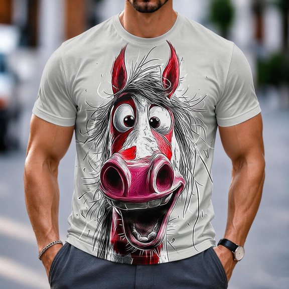 Men's Novelty 3D All-over Print T-Shirt, Vivid Crazy Horse Face Graphic Tee, Short Sleeve Round Neck, Comfortable Breathable Fabric, Funny Animal Design for Summer Casual, Theme Party Wear