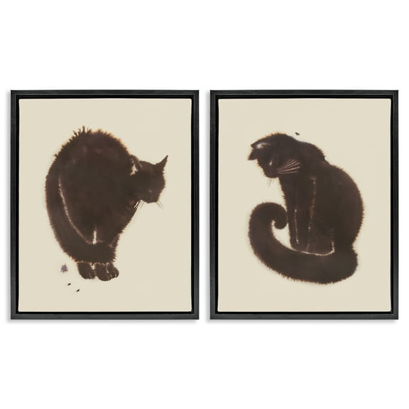 Stupell Industries Simple Cats on Beige Animals Painting Black Floater Framed Canvas Art Print Wall Art, 17 x 21, Set of 2