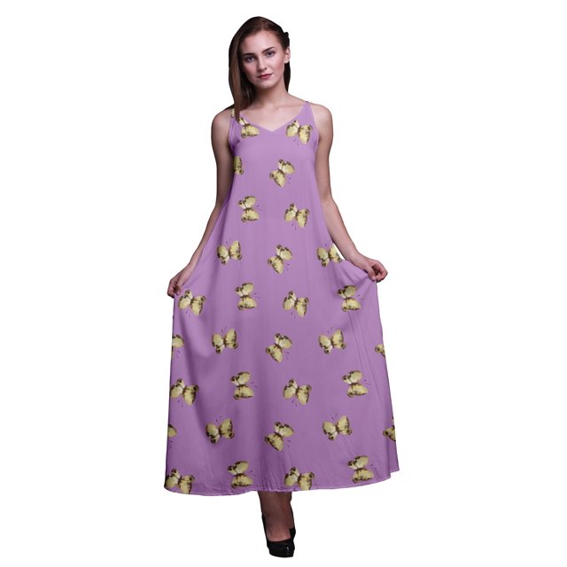 Bimba Robe Longue Maxi Imprimée à Bretelles Spaghetti Ajustables en Rayonne Papillon pour Femmes Boho-TTTG