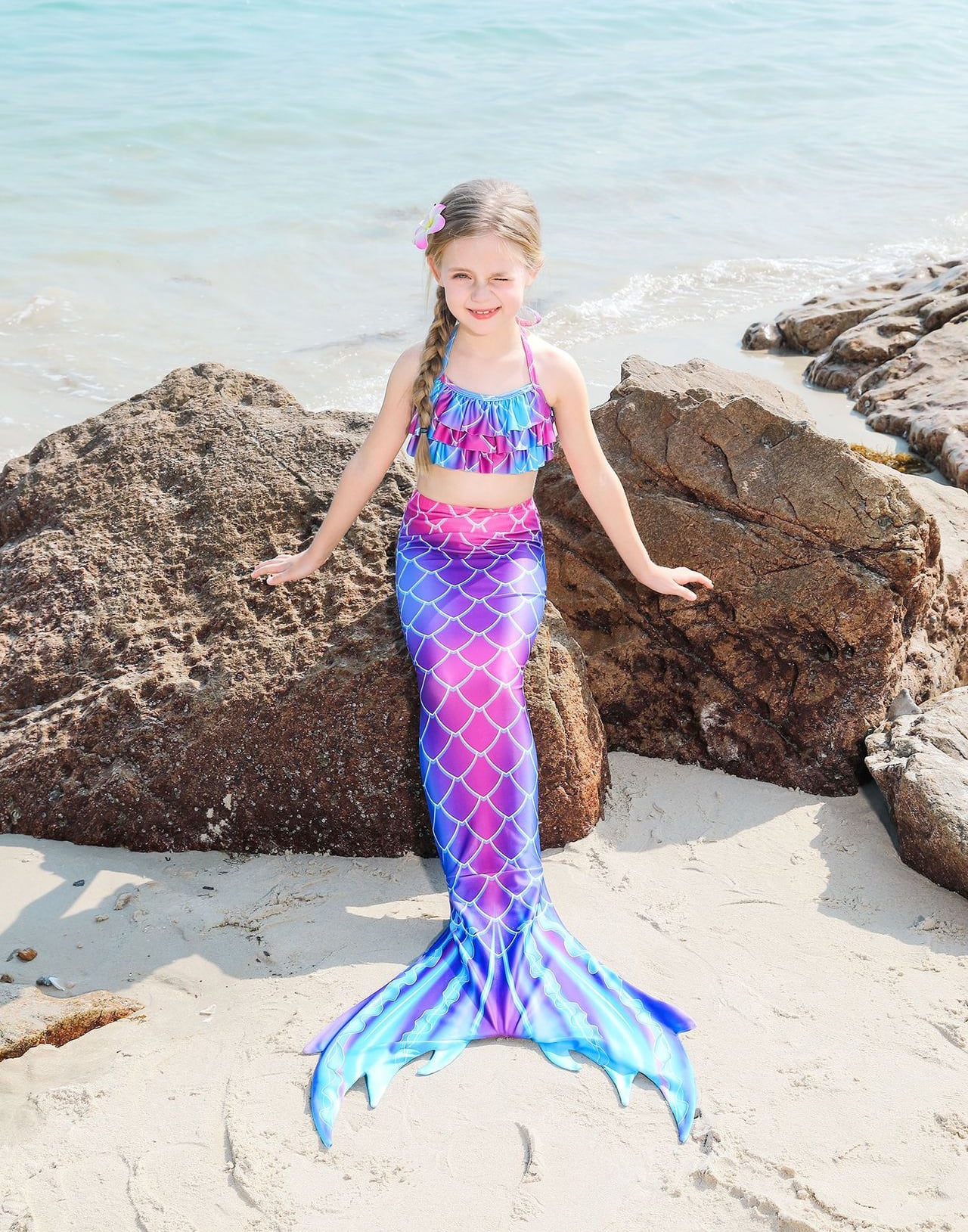 2026 Girls Swimming Mermaid Tail 4 Pcs Sets Kids Mermaid Swimwear