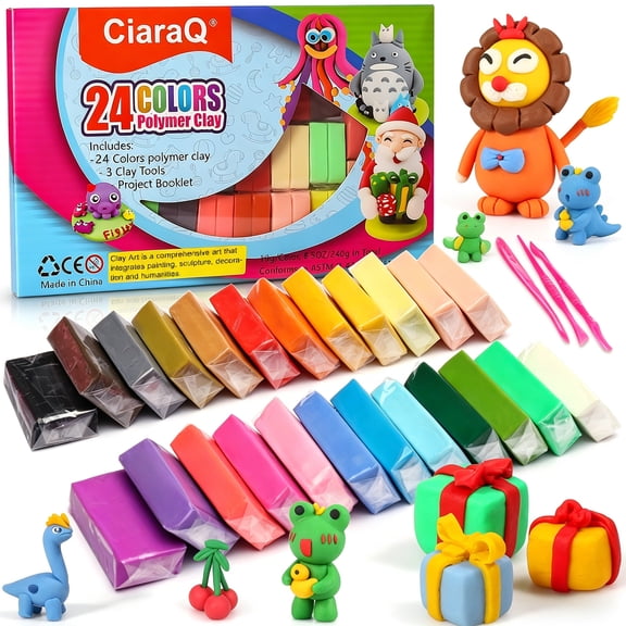 CiaraQ Polymer Clay 24 Colors, Modeling Clay for Kids DIY Starter Kits, Non-Sticky Molding Clays with Sculpting Tools, Gift for Children and Artists