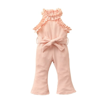 

Calsunbaby Toddler Infant Baby Girls Ribbed Knit Romper Sleeveless Mock Neck Solid Color Belted Jumpsuit Pants Pink 0-6 Months