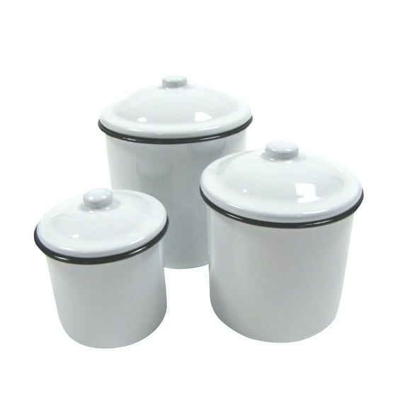 Rustic White Enamel Kitchen Canister Set 3pc Vintage Countertop Food Storage Decoration