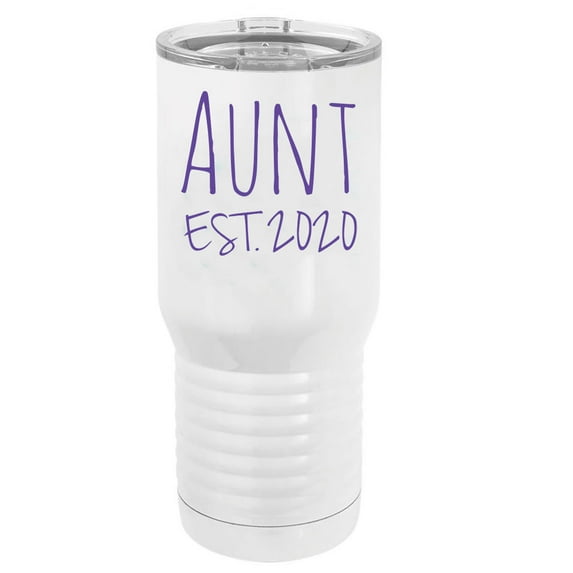 Aunt Est. 2020 Established Stainless Steel Vacuum Double-Walled Insulated 20 Oz Tumbler Travel Coffee Mug with Clear Lid, White