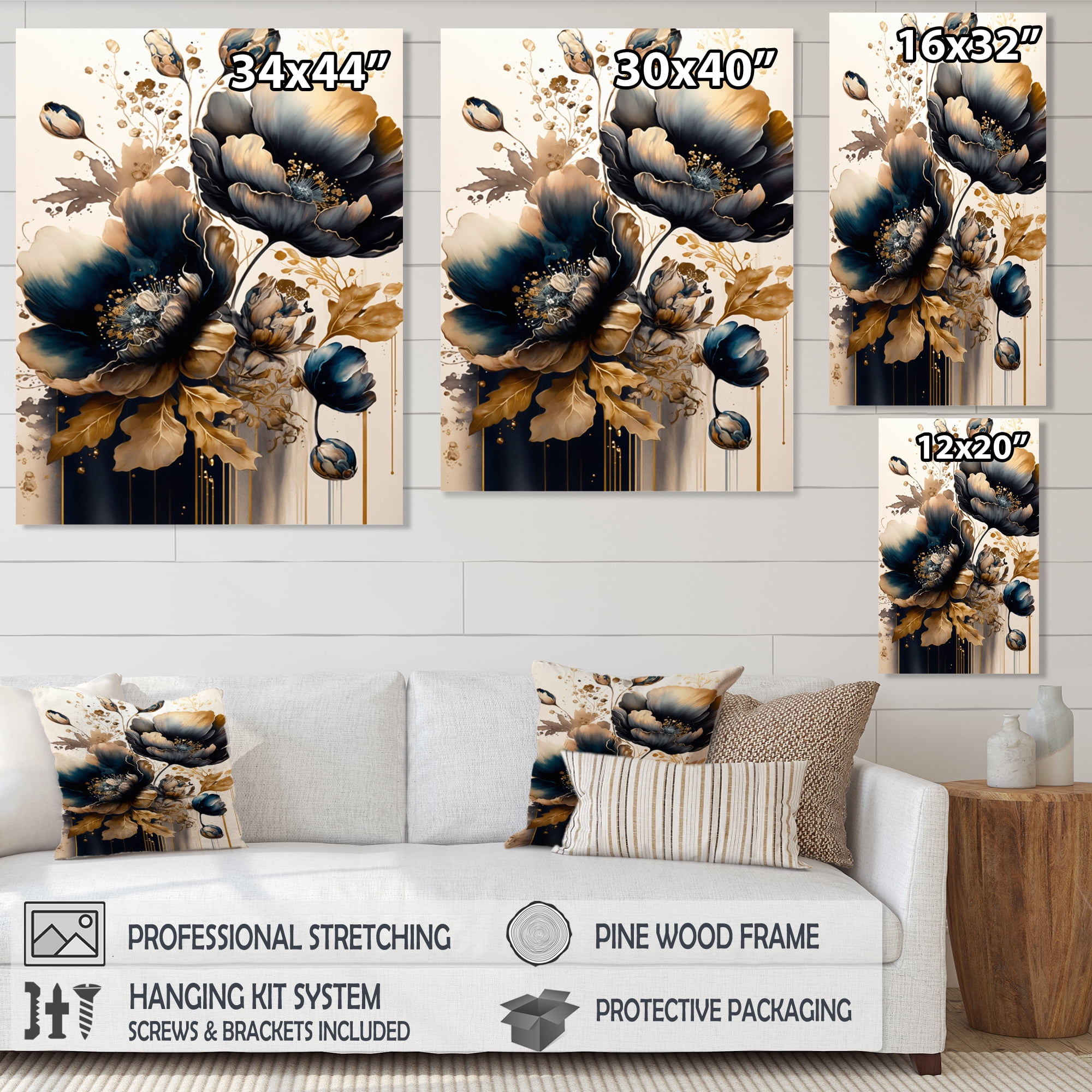 Designart Navy Blue And Gold Poppy Flowers IV Canvas Wall Art