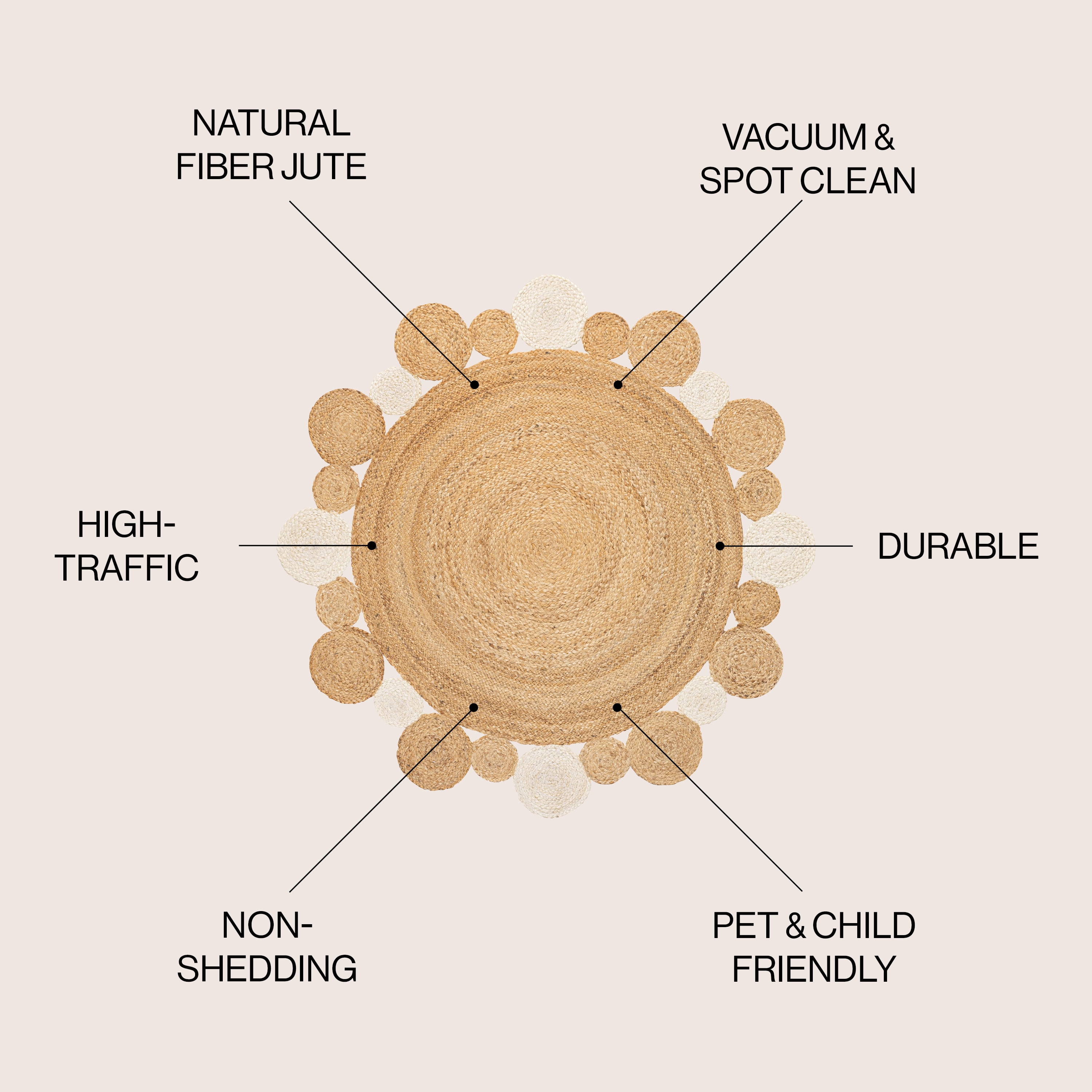 JONATHAN Y ANSA 6' Round Area Rug, Ayana Two-Tone Jute Hippy Circle - Natural/Cream, RNF107A-6R