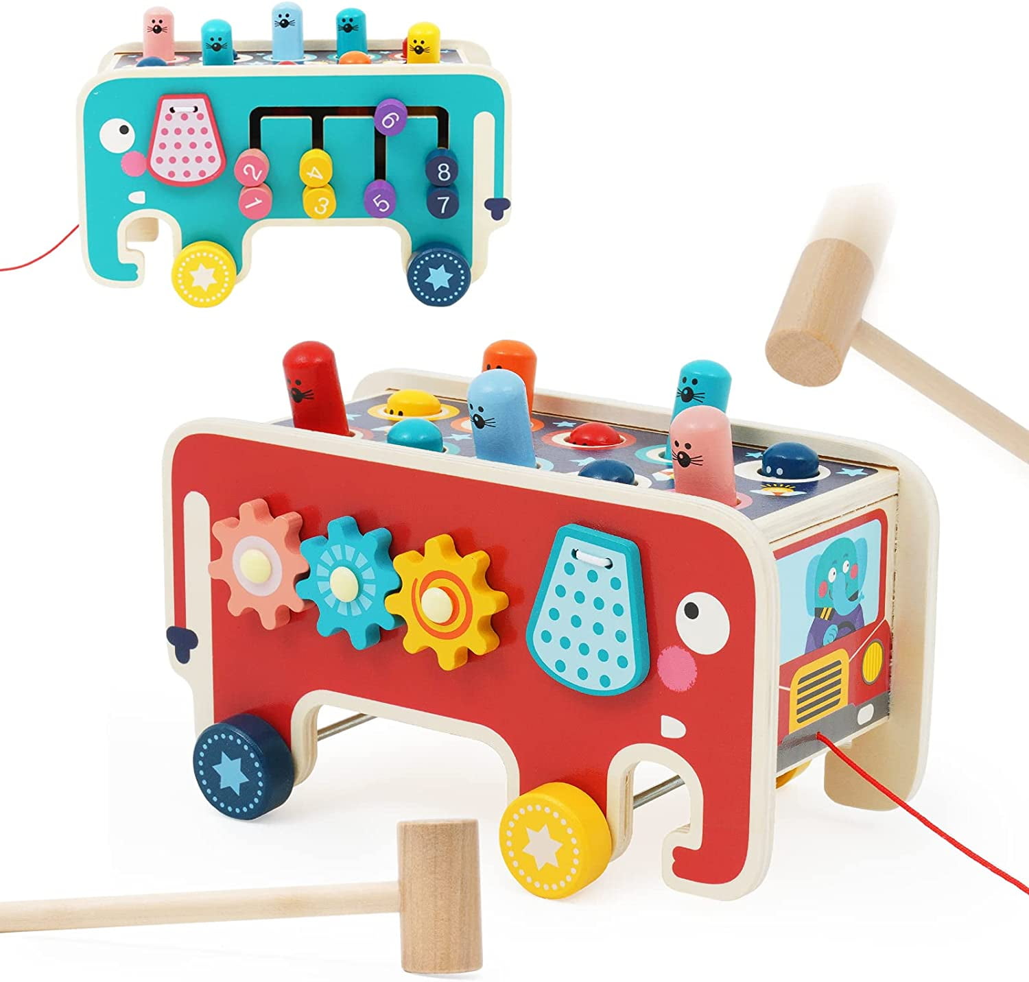 Nukied Wooden Hammering and Pounding Toys with 2 mallets Knocking Bench