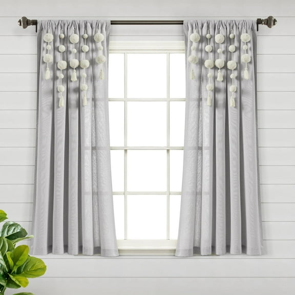 Lush Decor Boho Pom Pom Tassel Linen Window Curtain Panel Light Gray Single 52X63