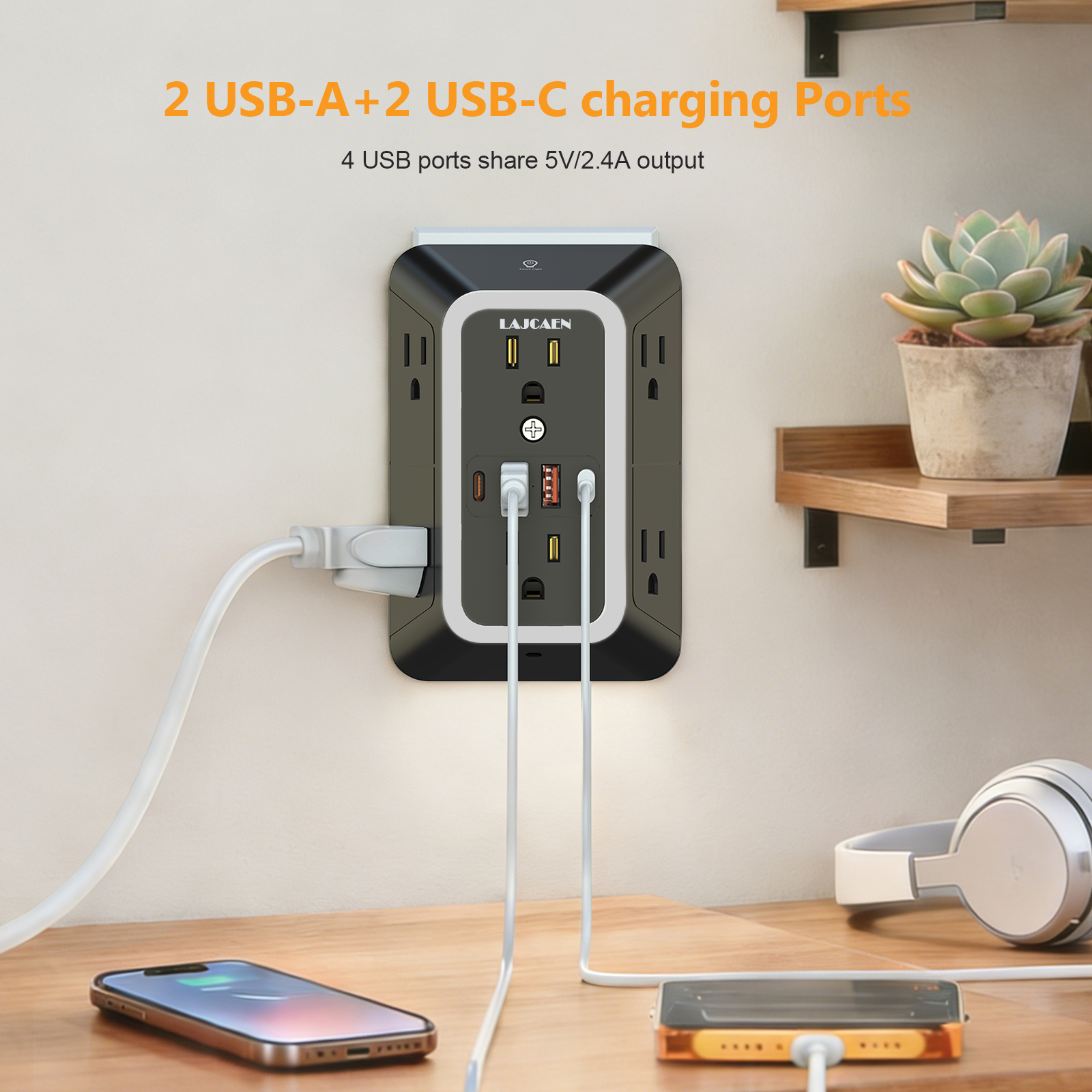 LAJCAEN 6-Outlet Surge Protector Power Strip with USB photo 2