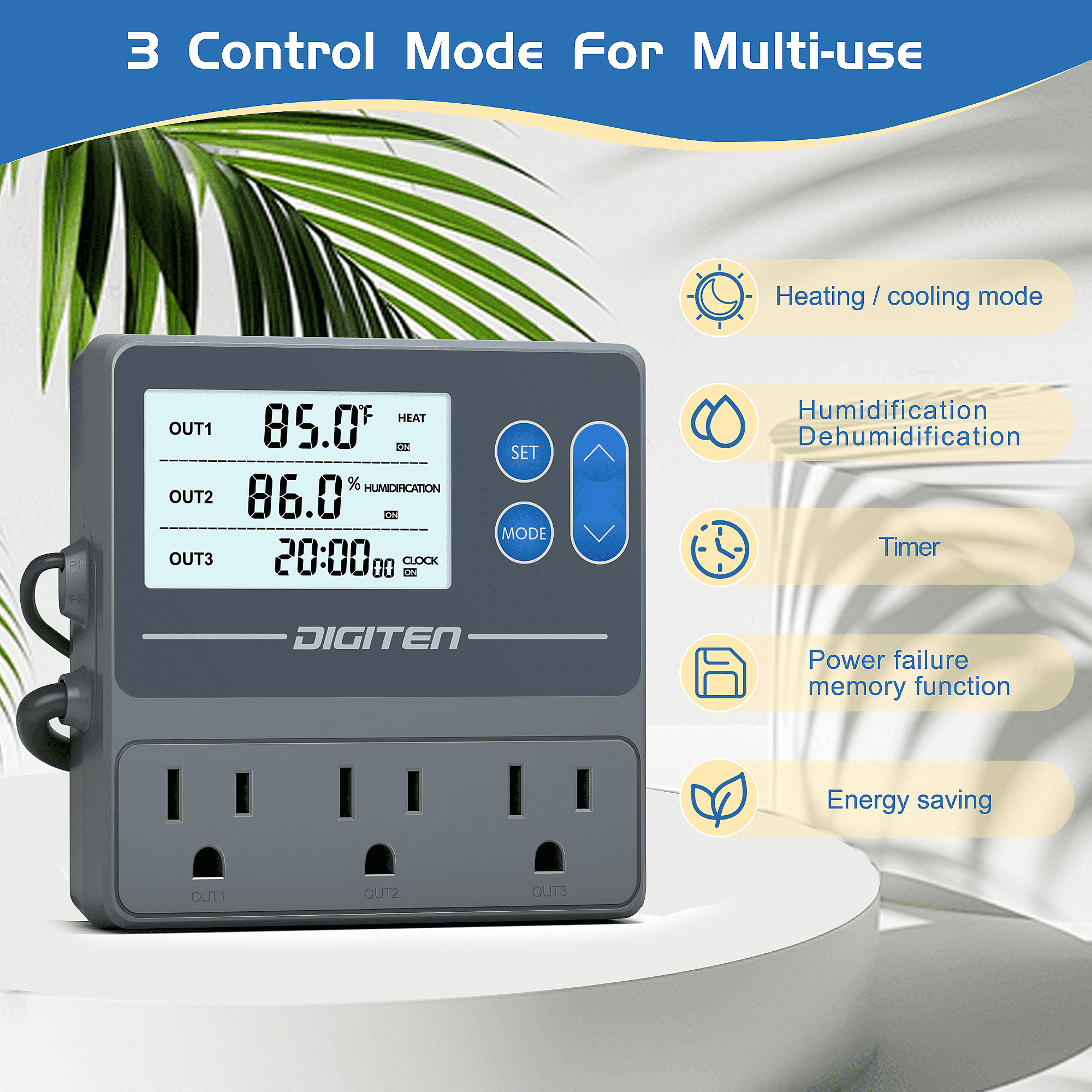 SENSTREE Digital Temperature & Humidity Controller with 3 Pre-Wired Smart Outlets - Independent Control for Heating/Cooling, Humidification, and Timer Functions - Ideal for Mushroom Growing