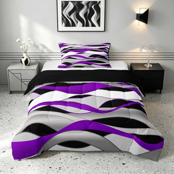 Manfei Abstract Wavy Stripe Twin Comforter Sets, Modern Abstract Art Bedding Set, Purple, Black and White, Black Reversible 2-Piece, 1 Comforter and 1 Pillowcase