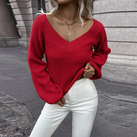 Qetyuw Cropped Sweater for Women Crochet Knit Long Sleeve V Neck Pullover Sweaters Solid Color Casual Chunky Jumpers