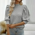 thumbnail image 2 of Women's Puff 3/4 Sleeve Crewneck Tunic Shirts Shrug Slim Fit Solid Trendy Tops Ladies Elegant Blouses Pullovers Gray,XL, 2 of 5