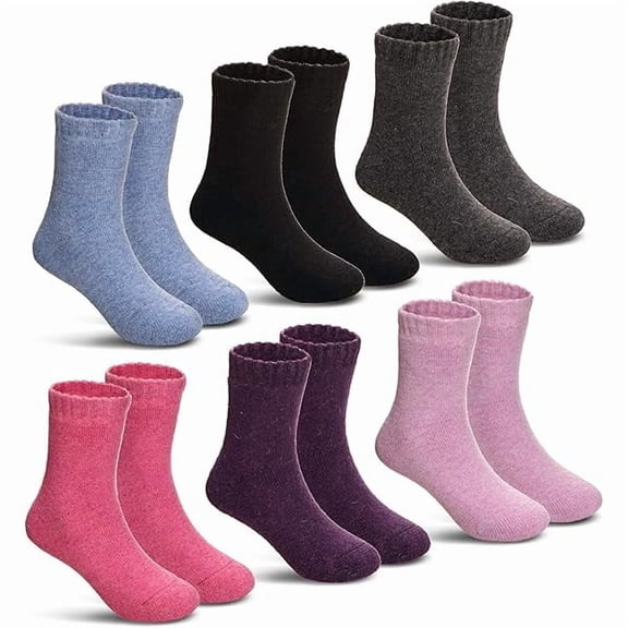 Fu997 Children's Winter Warm Wool Solid Color Socks Kids Boy Girls Hiking Thermal Boot Crew Socks 6 Pairs