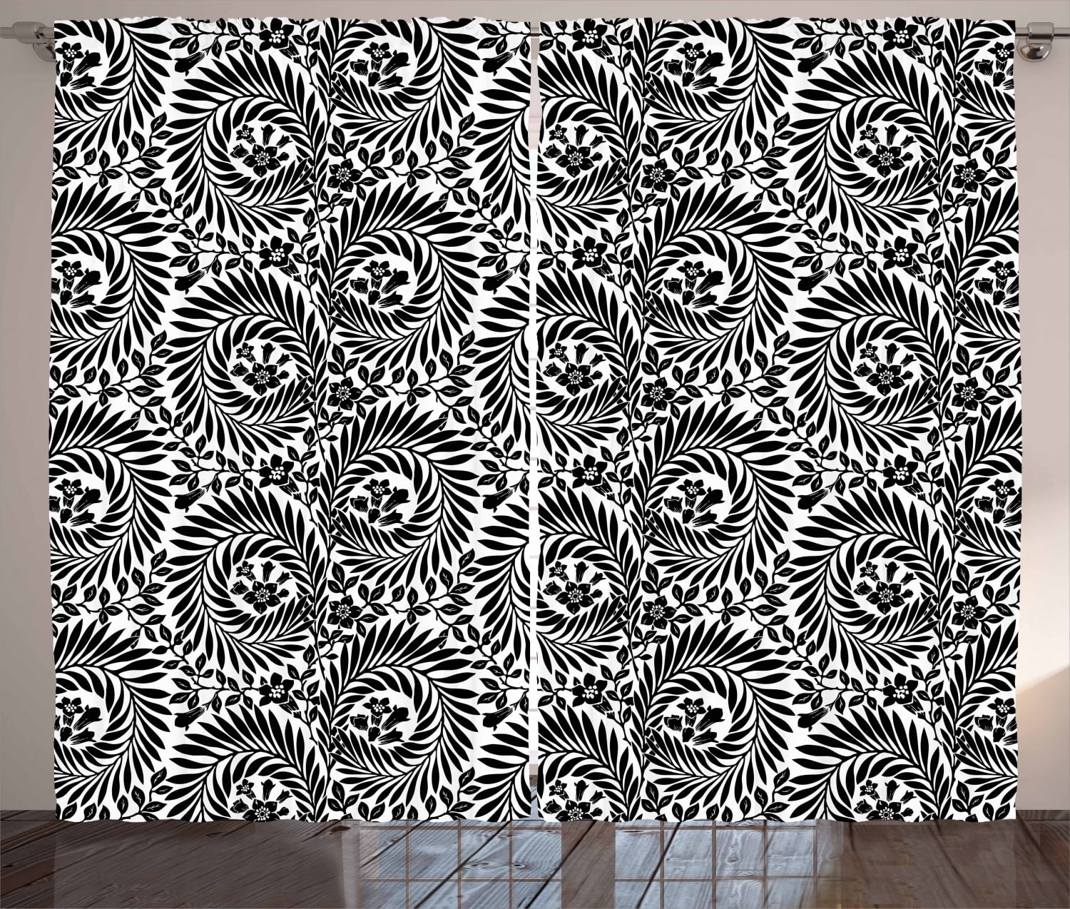 Black and White Curtains 2 Panels Set, Damask Inspired Floral Arrangement Foliate Motif