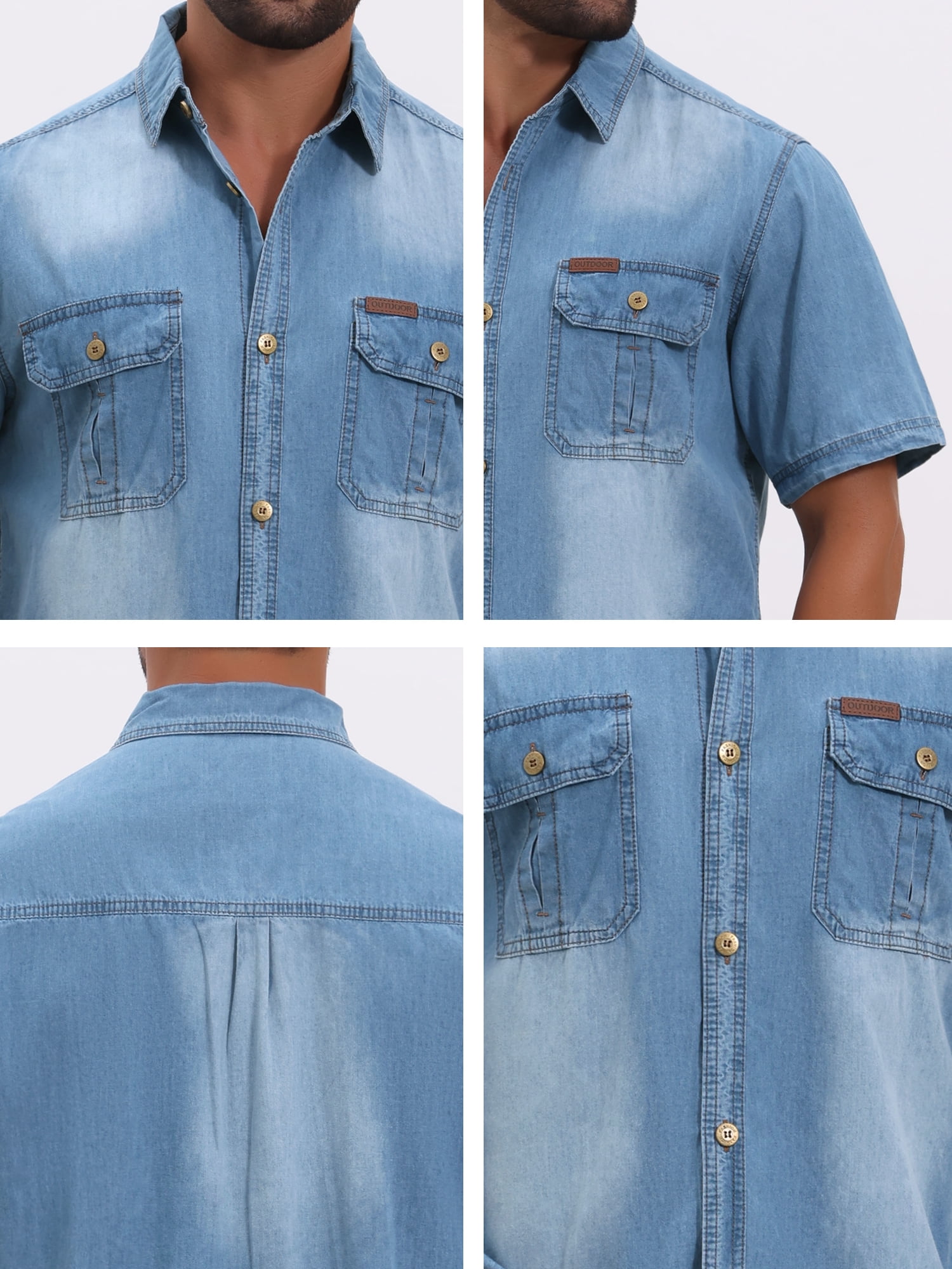DARING DIVA Men's Denim Chest Pockets Western Retro Short Sleeve Shirts S Light Blue