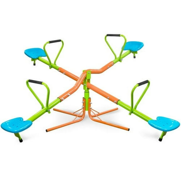 Kids Seats Seesaw, 4 Seats Seesaw 360 Degree Rotating Seesaw, Outdoor Playground for Kids, Home Playground Equipment Swivel Teeter Toddlers Outdoor Play, Sturdy Plastic Seat (Blue&Green)