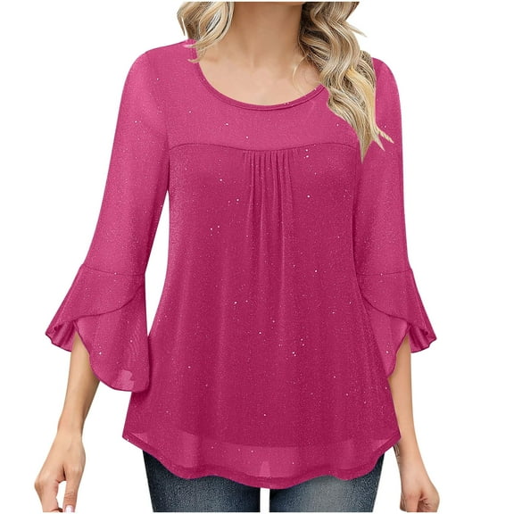 Hanen Women's Ruffle 3/4 Sleeve Elegant Dressy Blouses Crew Neck Double Layers Mesh Tunic Tops