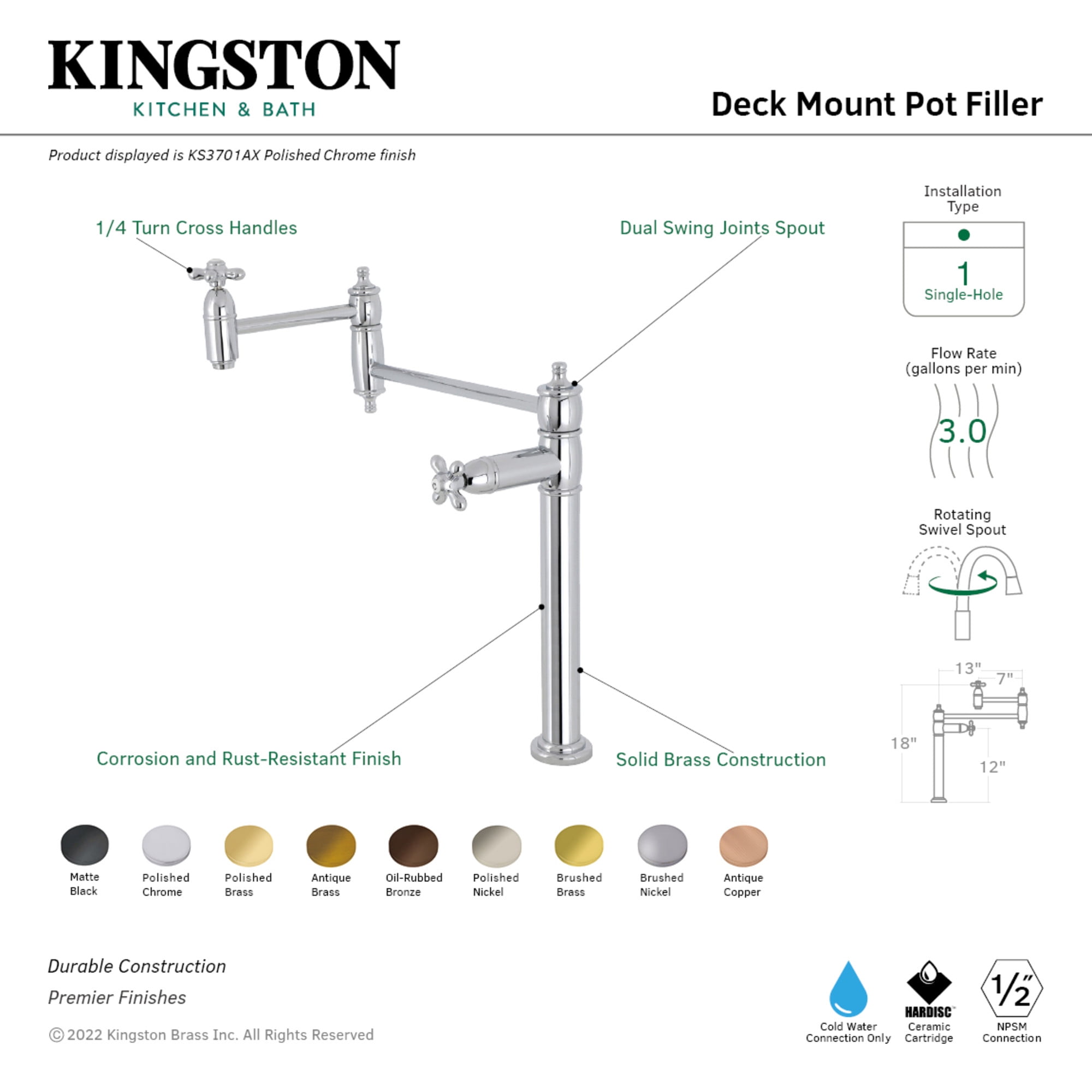 Kingston Brass KS3700AX Restoration Deck Mount Pot Filler Faucet, Matte Black
