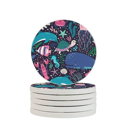 

Circular Drink Coasters Set Cute Sea Animals Beautiful Home Decor Diatomite Heat-Resistant Diatomite Protect Table Countertop