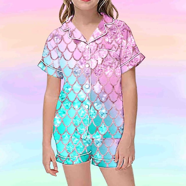 Vêtements de Nuit et Robes pour Petites Filles Mode Imprimée Boutonnière Col à Revers Manches Courtes et Shorts Assortis Ensemble de Pyjamas pour Rêves