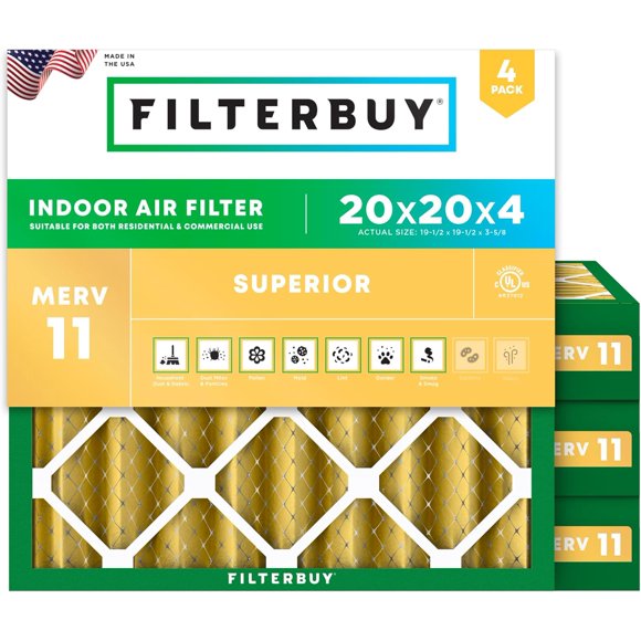 Filterbuy 20x20x4 MERV 11 (MPR 1200) Allergen Defense, Pleated HVAC AC Furnace Air Filters (4-Pack)