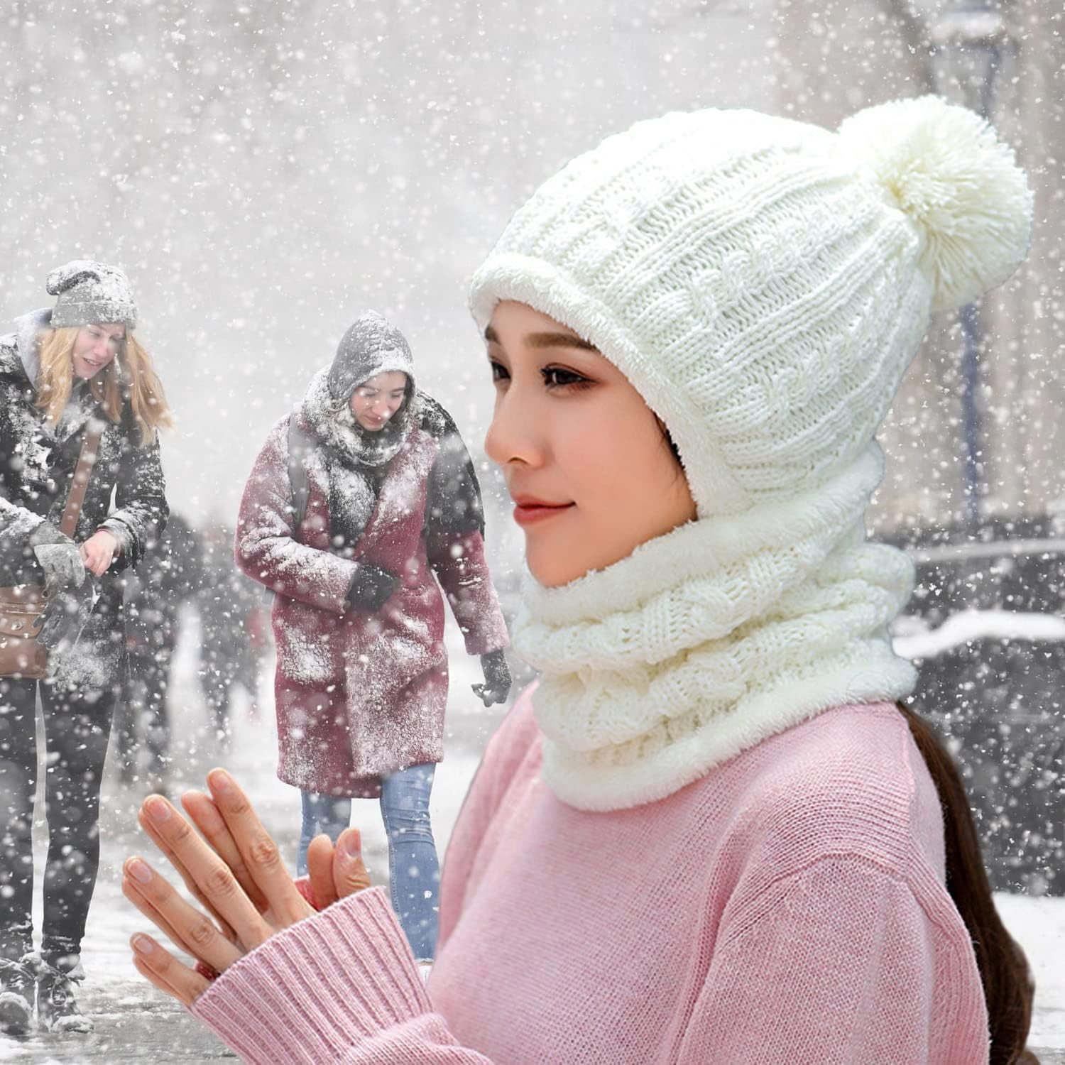 Zhengup Women Winter Beanie Hats One Piece Fleece Lined Knit Balaclavas Mask Set Skull Neck Circle Scarf Ski Snow Hat Pompom