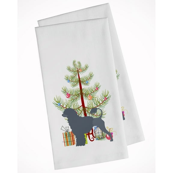 Portuguese Water Dog Merry Christmas Tree White Kitchen Towel Set of 2 Dish Towels