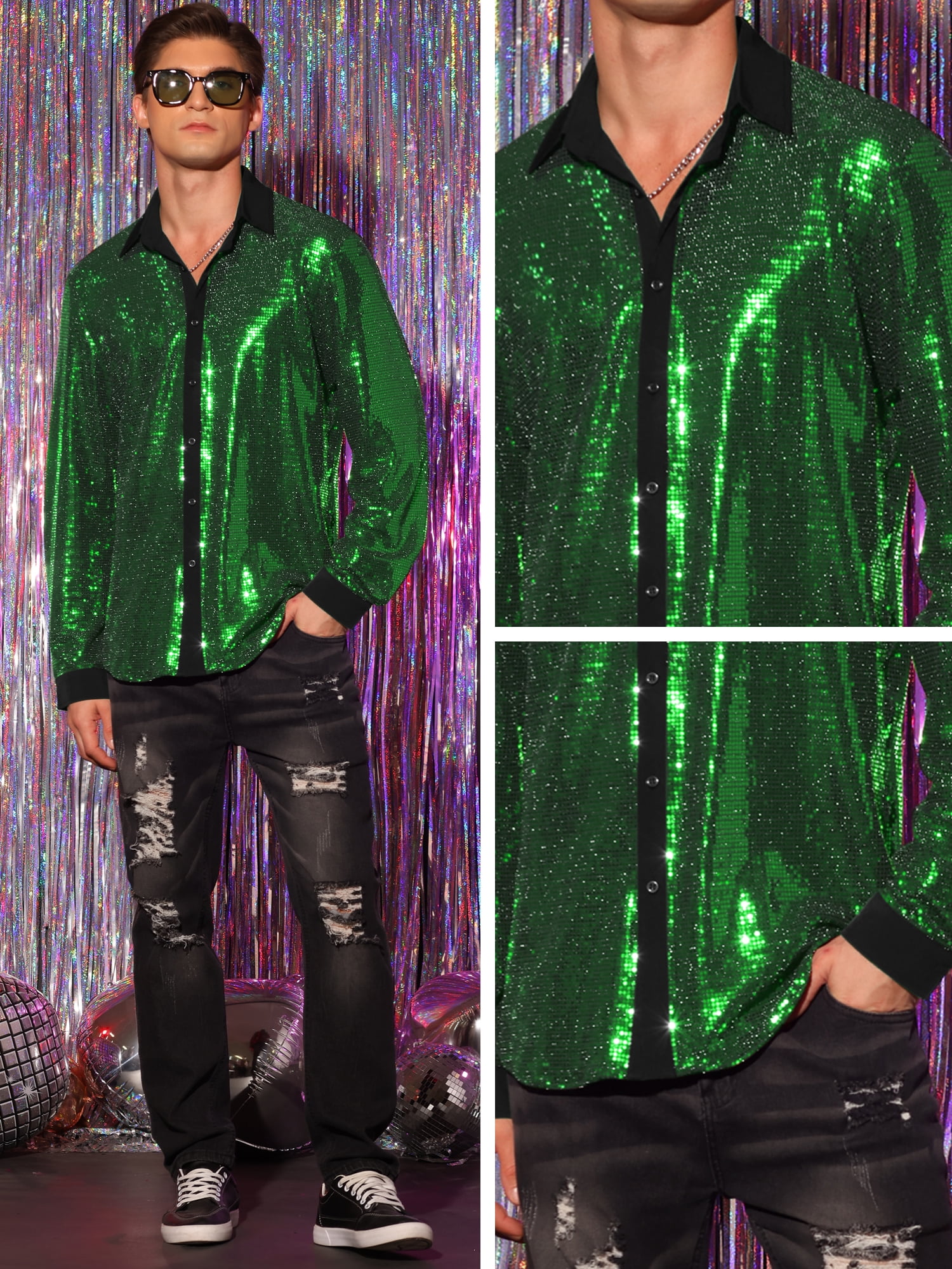 DARING DIVA Men's Sequin Long Sleeves Button Down Disco Metallic Shiny Shirts XL Green