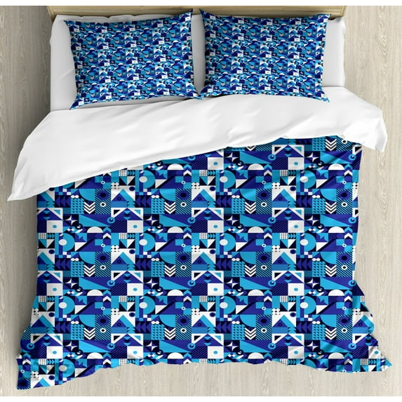 Navy Blue Duvet Cover Set King Size, Contemporary Geometric Mosaic with Rich Modern and Abstract Shapes, Decorative 3 Piece Bedding Set with 2 Pillow Shams, Violet Pale Blue White, by Ambesonne
