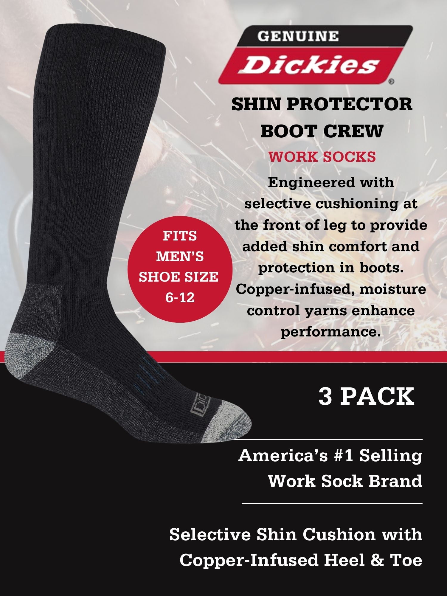 Dickies Men's Shin Protector Boot Crew Sock, 3 Pack Black Size 6-12
