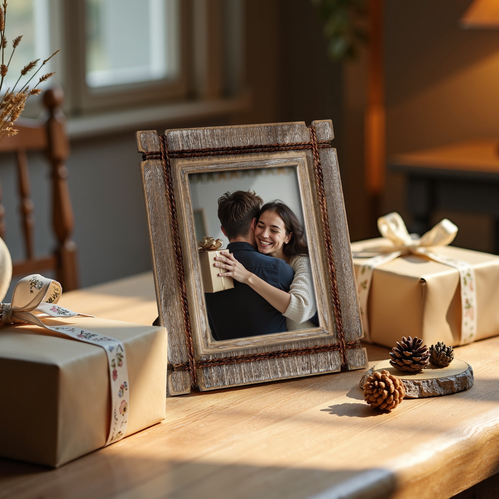 Afuly Rustic Picture Frames 5x7 Wooden Picture Frame Set of 2, Barnwood Distressed Western Vintage Photo Frames with Real Glass, Wall & Tabletop Display, Housewarming Wedding Gifts