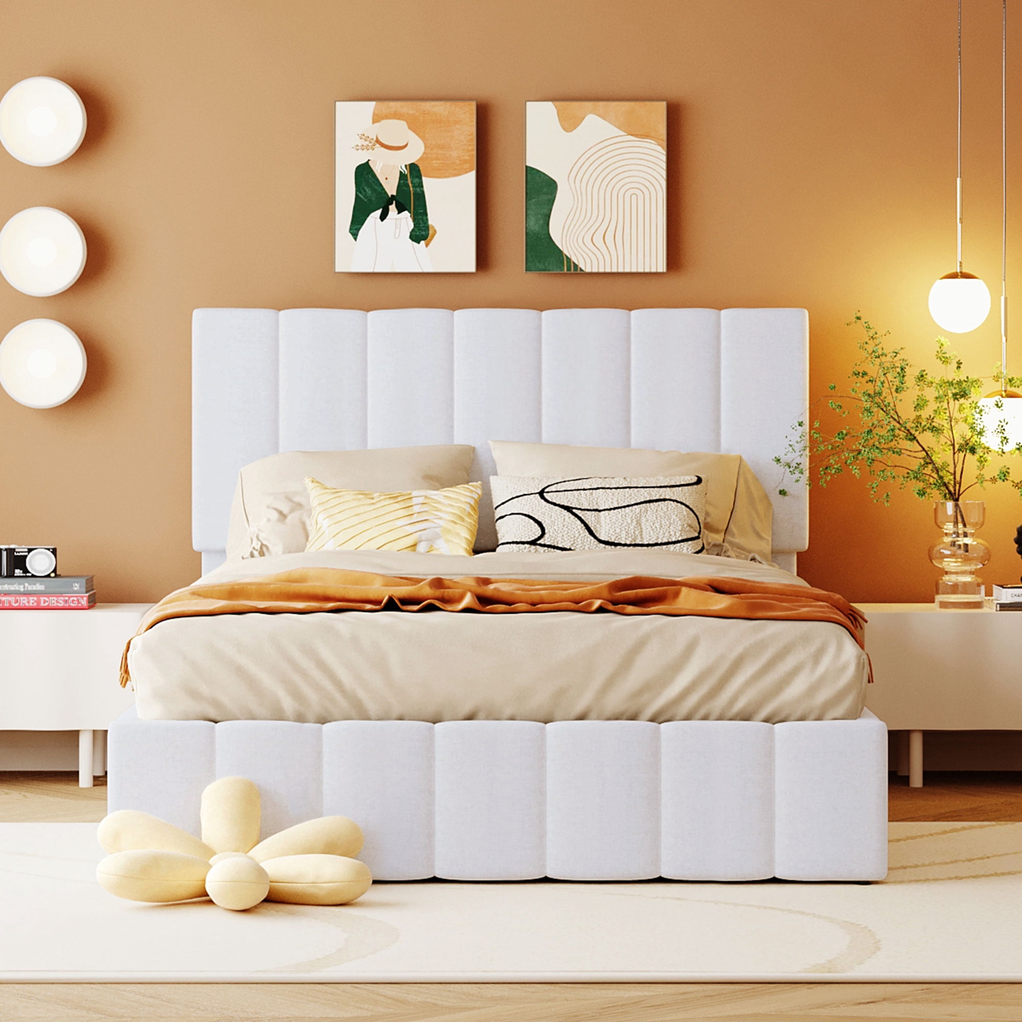 Full Upholstered Platform Bed 78.3 Inch, Hydraulic Storage System Bed Frame with Linen Fabric Headboard, No Box Spring Needed, White